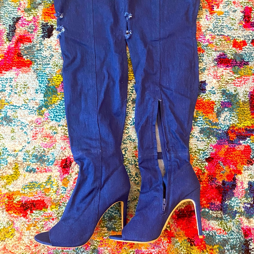 Ripped jean thigh high heels